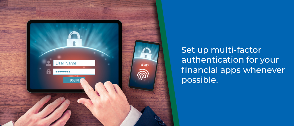 Set up multi-factor authentication for your financial apps whenever possible - Close up of a laptop and phone with a login screen completing the verification process